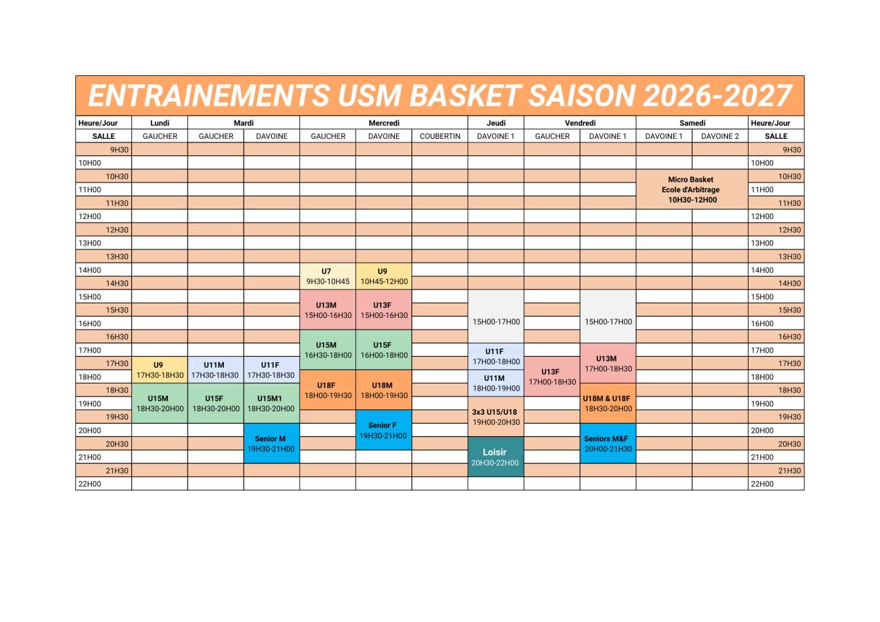 Planning entrainements 2026-2027