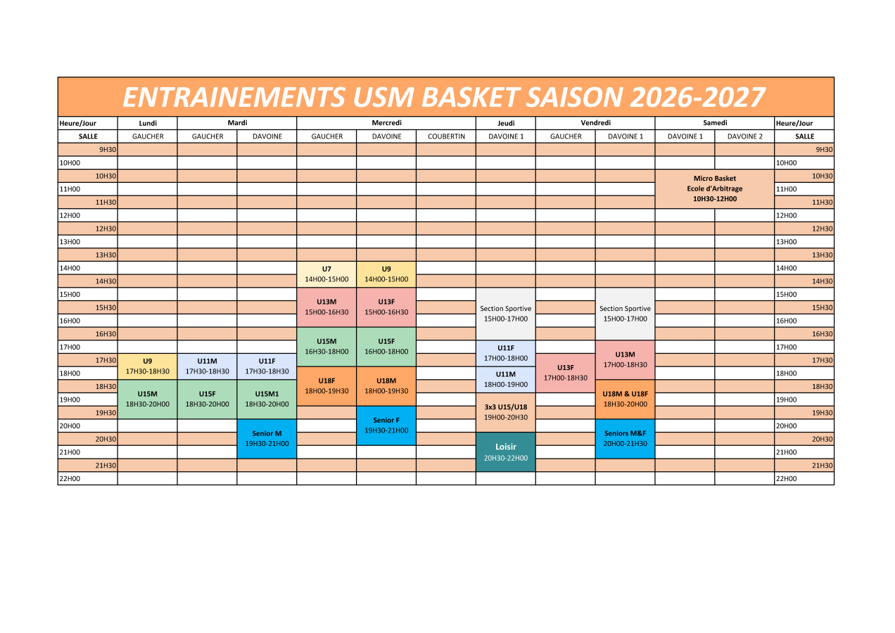 Planning entrainements 2026-2027